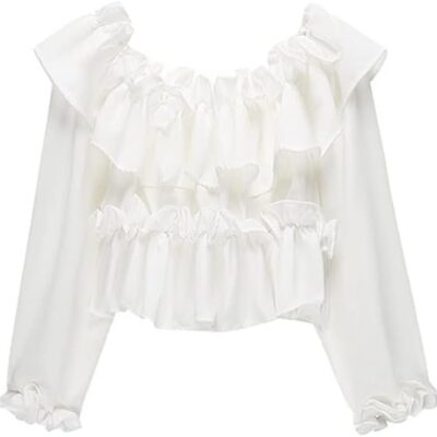 Women Slash Neck Off Shoulder Ruffle Tops Baggy Puff Sleeve Pleated Blouses