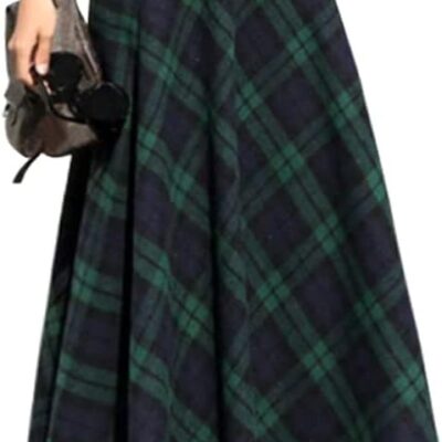 Women Plaid Wool Skirts Elastic Waist A-Line Pleated Tartan Long Skirts