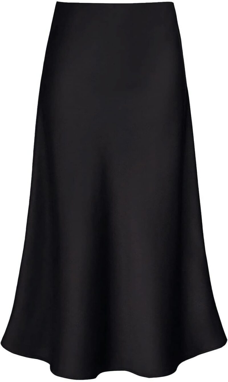 Women Satin High Waist Hidden Elasticized Waistband Flared Casual A Line Midi Skirt