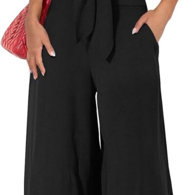 Women Summer 2 Piece Outfits 2025 Cap Sleeve V Neck Belted Crop Tops Wide Leg Pant Sets Casual Tracksuit