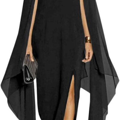 Women Elegant High Split Flare Sleeve Formal Evening Gowns Maxi Dress with Cape