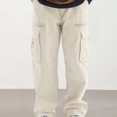 men Wild Cargo Pants Loose Fit  Pants Drawstring Casual Hiking Pants Pocket Zipper Design Straight Trousers
