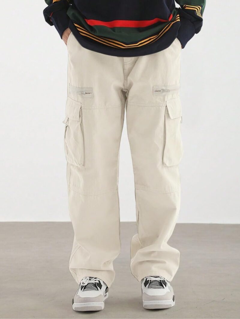 men Wild Cargo Pants Loose Fit  Pants Drawstring Casual Hiking Pants Pocket Zipper Design Straight Trousers
