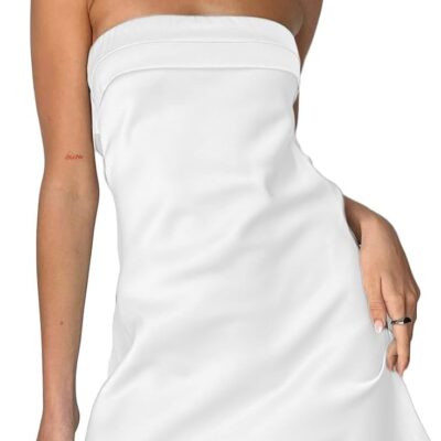 Womens Satin Silk Backless Strapless Mini Dress Sexy Low Back Tube Club Party Dress for Women
