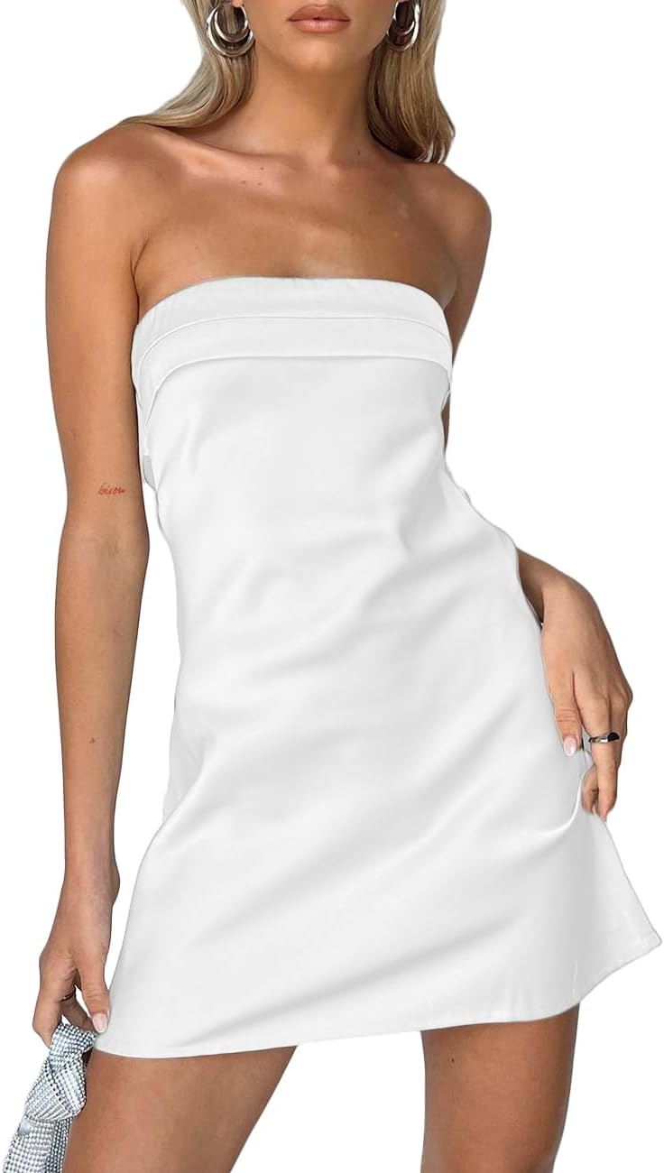 Womens Satin Silk Backless Strapless Mini Dress Sexy Low Back Tube Club Party Dress for Women