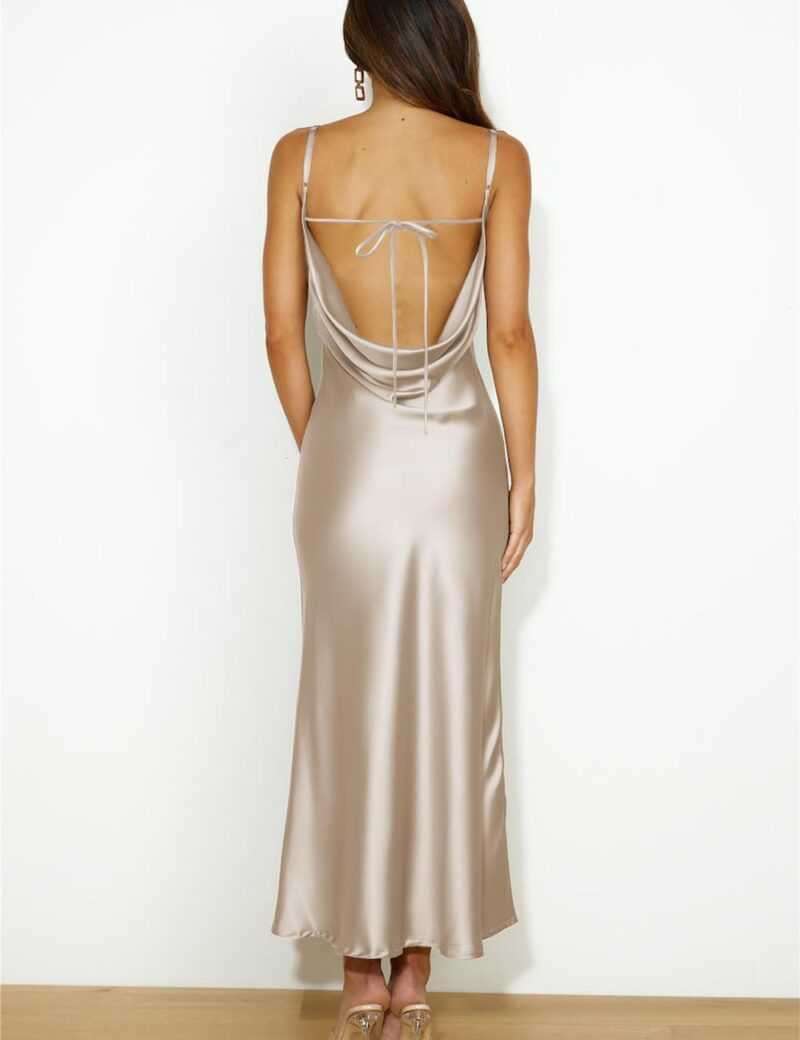 Summer Satin Spaghetti Strap Cowl Neck Backless Midi Dresses for Women Elegant Tie Low Back Ruched Cocktail Dress - Image 2