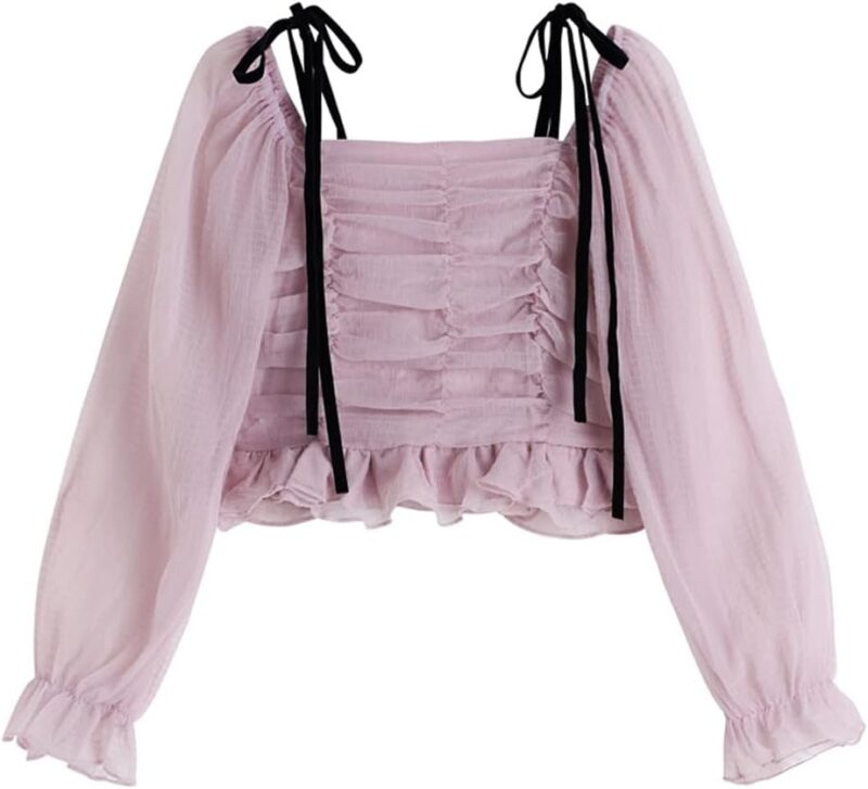 Off Shoulder Pleated Mesh Shirt Women Sweet Vintage Square Collar Long Sleeve Ladies Chiffon Tops