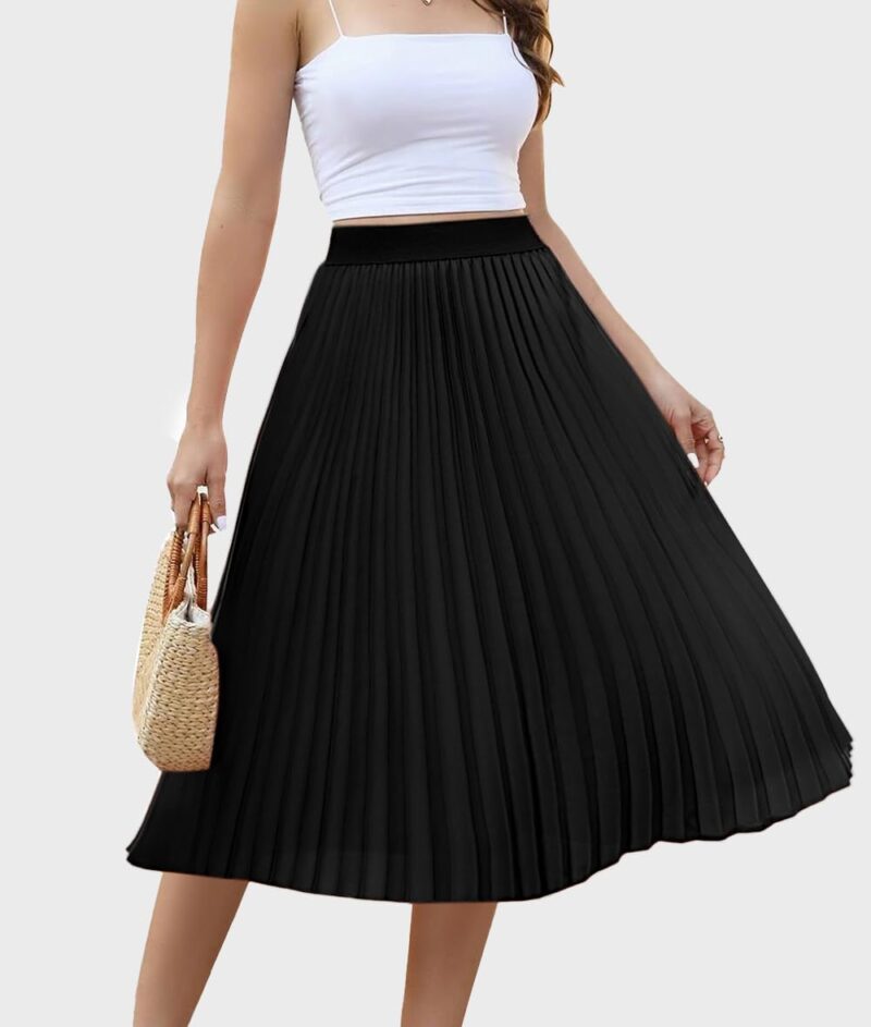 Women Midi Skirt Elastic High Waist Pleated Skirt Knee Length Swing A-Line Casual Flowy Skirts 2025 - Image 2