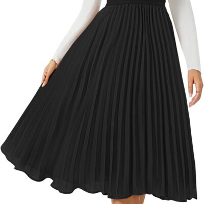 Women Midi Skirt Elastic High Waist Pleated Skirt Knee Length Swing A-Line Casual Flowy Skirts 2025