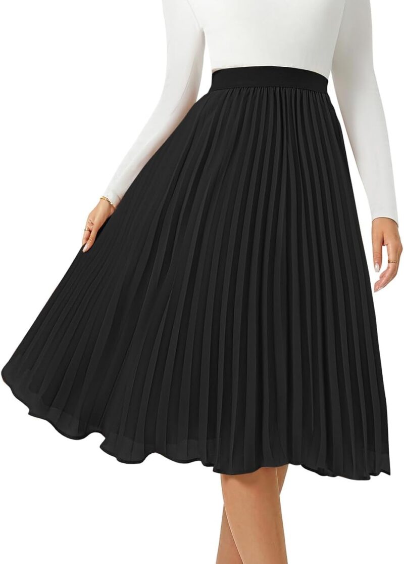 Women Midi Skirt Elastic High Waist Pleated Skirt Knee Length Swing A-Line Casual Flowy Skirts 2025