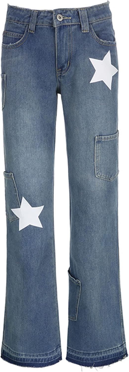 Womens Star Print Jeans Jeans Baggy Denim Pants Vintage Blue Jeans Straight Leg Pants - Image 2