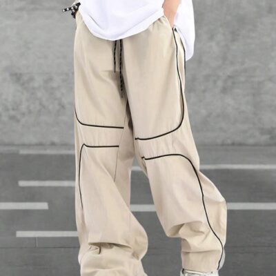 men Baggy Pants  Contrast Piping Drawstring Sweatpants Fashion Unisex Oversized Cargo Pants for Men with Pockets