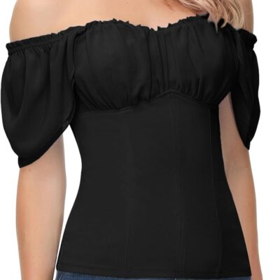 Women Renaissance Shirt Off Shoulder Flutter Short Sleeve Top Summer Square Neck Peasant Blouse