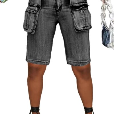 Women Knee Length Denim Shorts Casual High Waisted Jean Shorts Cargo Bermuda Jorts with Pockets Summer Shorts