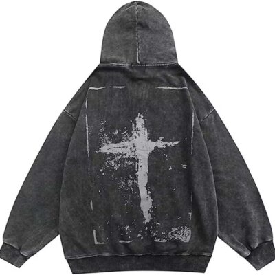 Gothic Cross Print Hoodie  Washed and Aged Print Hooded Sweatshirt Man and Woman Grunge, Harajuku Pullover