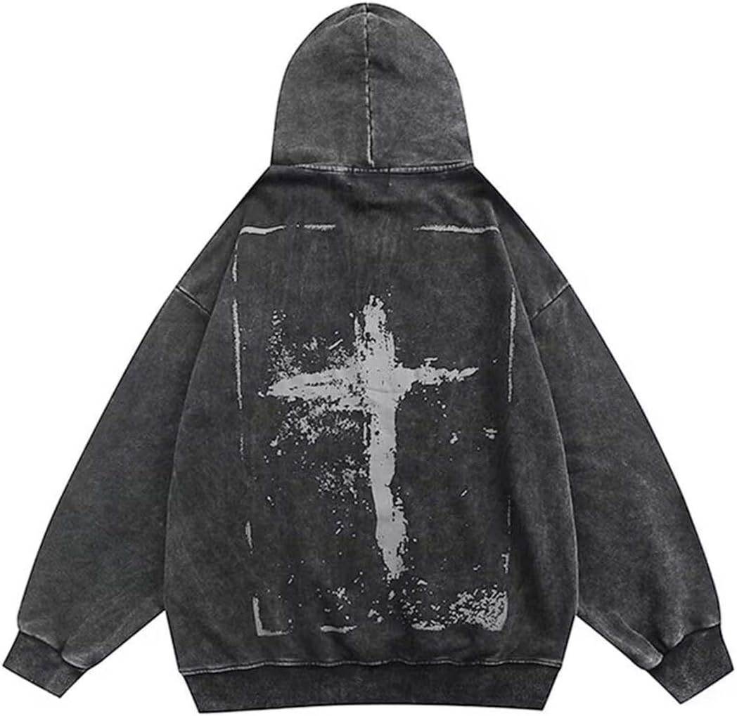 Gothic Cross Print Hoodie Washed and Aged Print Hooded Sweatshirt Man and Woman Grunge, Harajuku Pullover
