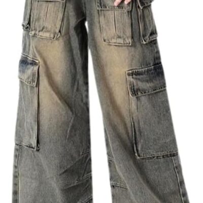 Baggy Cargo Pants for Women Girls Wide Leg Jeans  Hip Hop Streetwear Low Rise Oversized Jeans Grunge Clothes Blue