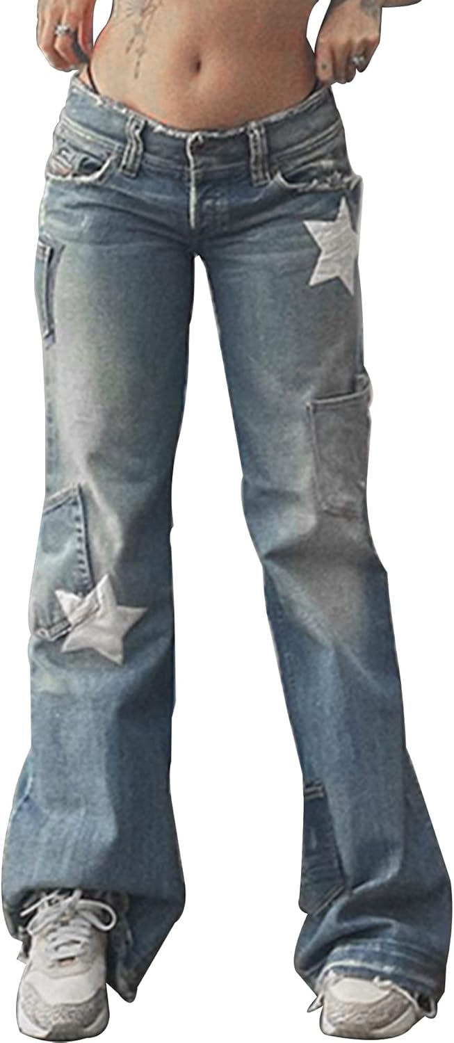 Womens Star Print Jeans Jeans Baggy Denim Pants Vintage Blue Jeans Straight Leg Pants