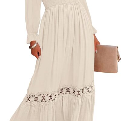 Women 2025 Boho Long Sleeve Square Neck Smocked High Waist Flowy A Line Lace Trim Maxi Dress