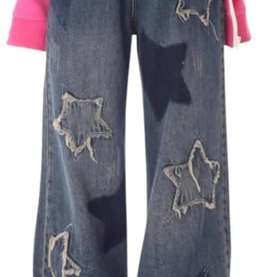 Cute Jeans for Women Girls Star Patchwork Pants  High Waisted Straight Leg Baggy Jean Casual Preppy Clothes