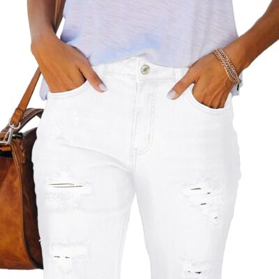 Women Ripped Mid-Rise Denim Bermuda Shorts Frayed Raw Hem Stretch Jean Shorts