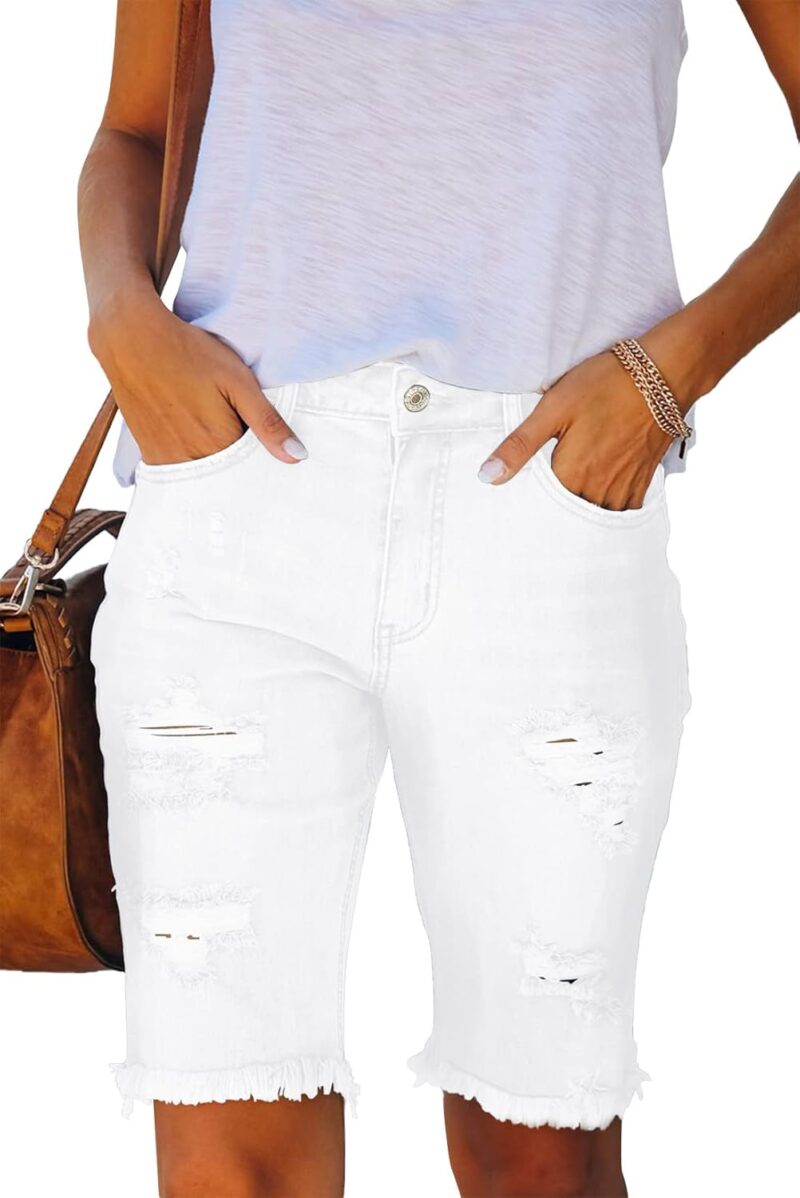 Women Ripped Mid-Rise Denim Bermuda Shorts Frayed Raw Hem Stretch Jean Shorts