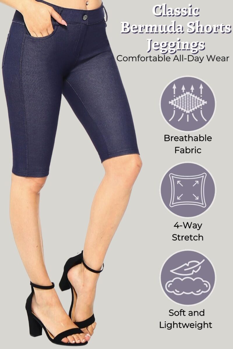 Women Cotton 5 Pocket Bermuda Shorts No Muffin Top Pull On Knee Length Jeggings Stretchy Jean Leggings - Image 2