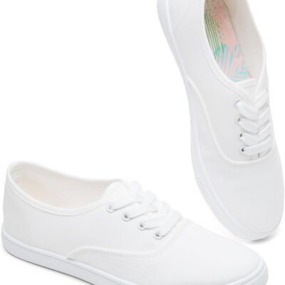 Womens Classic White Sneakers,Low Top White Canvas Shoes,Lightweight Casual Canvas Sneakers