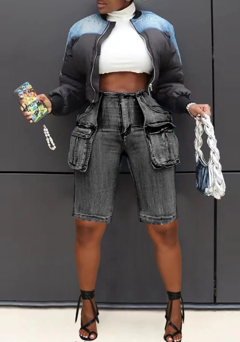 Women Knee Length Denim Shorts Casual High Waisted Jean Shorts Cargo Bermuda Jorts with Pockets Summer Shorts - Image 2