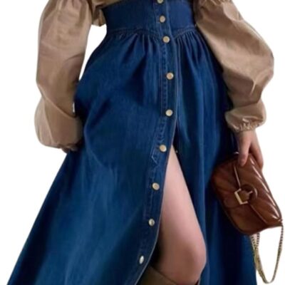 Women High Waist Long Denim Skirt Button Down Swing A-Line Jean Maxi Skirt with Pockets