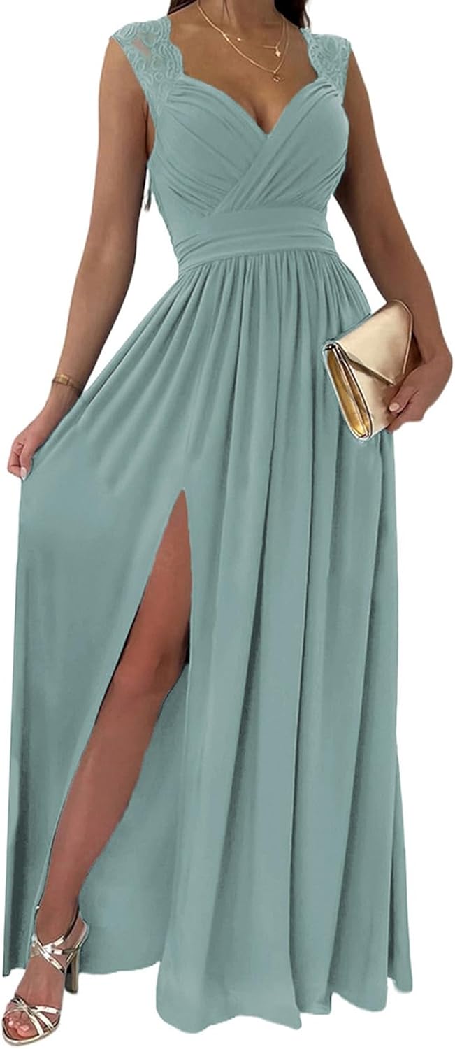 Women 2025 Formal Dresses Wrap V-Neck Ruched Sexy Bridesmaid Wedding Guest Maxi Dresses