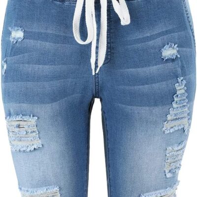 Women Denim Ripped Bermuda Shorts Distressed Knee Length Stretch Short Jeans