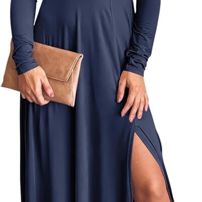 Women Deep V Neck Long Sleeve Slit 2024 Fall Elegant Formal Wedding Guest Cocktail Evening Date Prom Maxi Long Dress