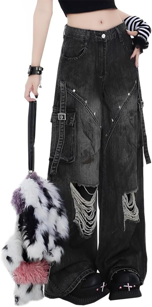 Gothic Women's Jeans Fashion Vintage Straight High Waist Baggy Wide Leg Ripped Denim Pants Black
