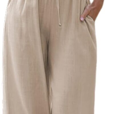 Women Cotton Linen Summer Palazzo Pants Flowy Wide Leg Beach Trousers with Pockets