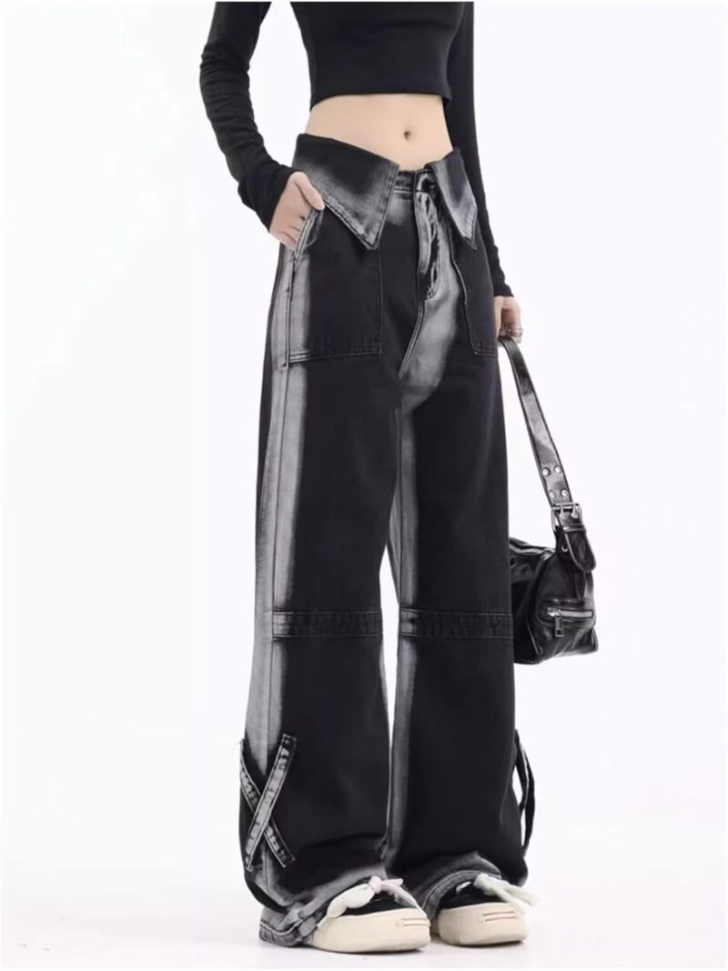 Women's Workwear Jeans Vintage Contrast Jeans High Waist Loose  Drop Feel Pants Gothic Wide Leg Pants - Image 2