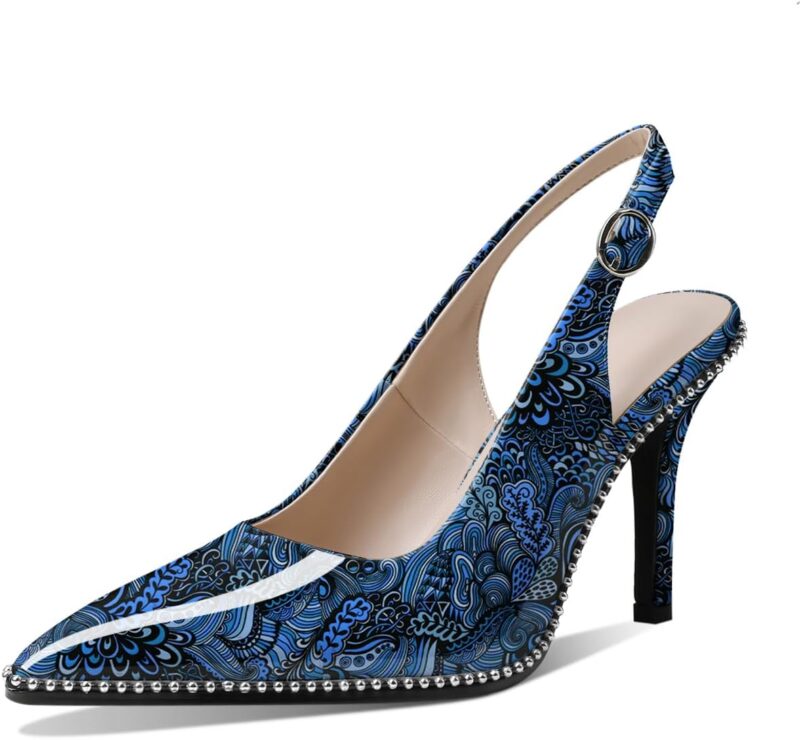 Women Beaded Pumps High Heel Slingback Pointed Toe Slip On 3.5 Inch Stilettos Ankle Strap Adjtable Buckle Patent Leather  Size 5 -Size 13