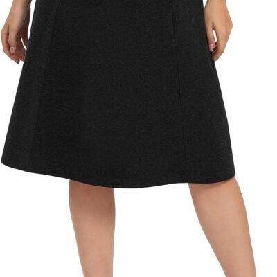 Women A-Line Elastic High Waist Flare Work Midi Knee Length Stretchy Skirt