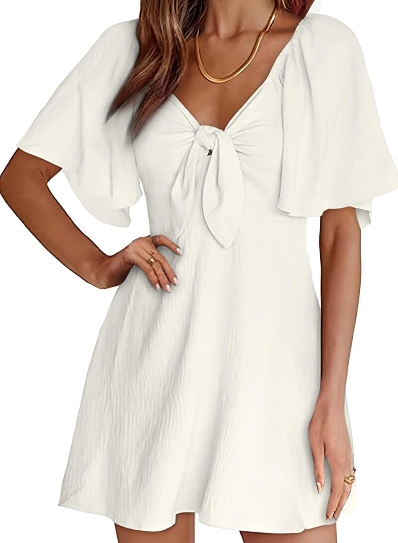 Womens Dresses 2025 Spring Summer Deep V Neck Elegant Bow tie Mini Dress S-XL
