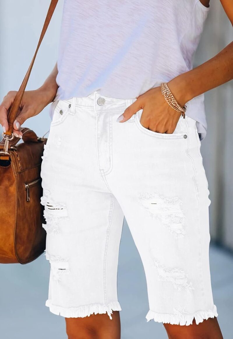Women Ripped Mid-Rise Denim Bermuda Shorts Frayed Raw Hem Stretch Jean Shorts - Image 2