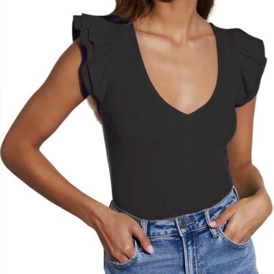 Women's V Neck T Shirts Ruffle Sleeve Tops Dressy Sexy Sleeveless Slim Fitted Ribbed Tank Top Summer 2025