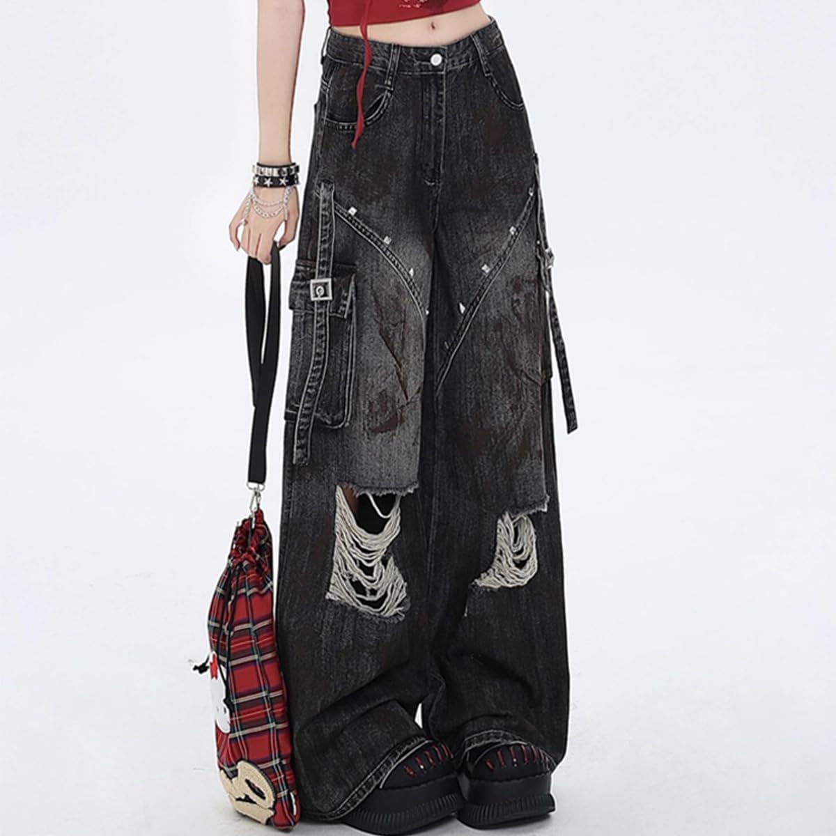 Gothic Women's Jeans Fashion Vintage Straight High Waist Baggy Wide Leg Ripped Denim Pants Black - Image 2