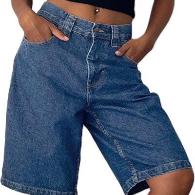 Women Baggy Denim Bermuda Shorts  Vintage Straight Leg Denim Shorts Casual Knee Length Jean Jorts with Pockets