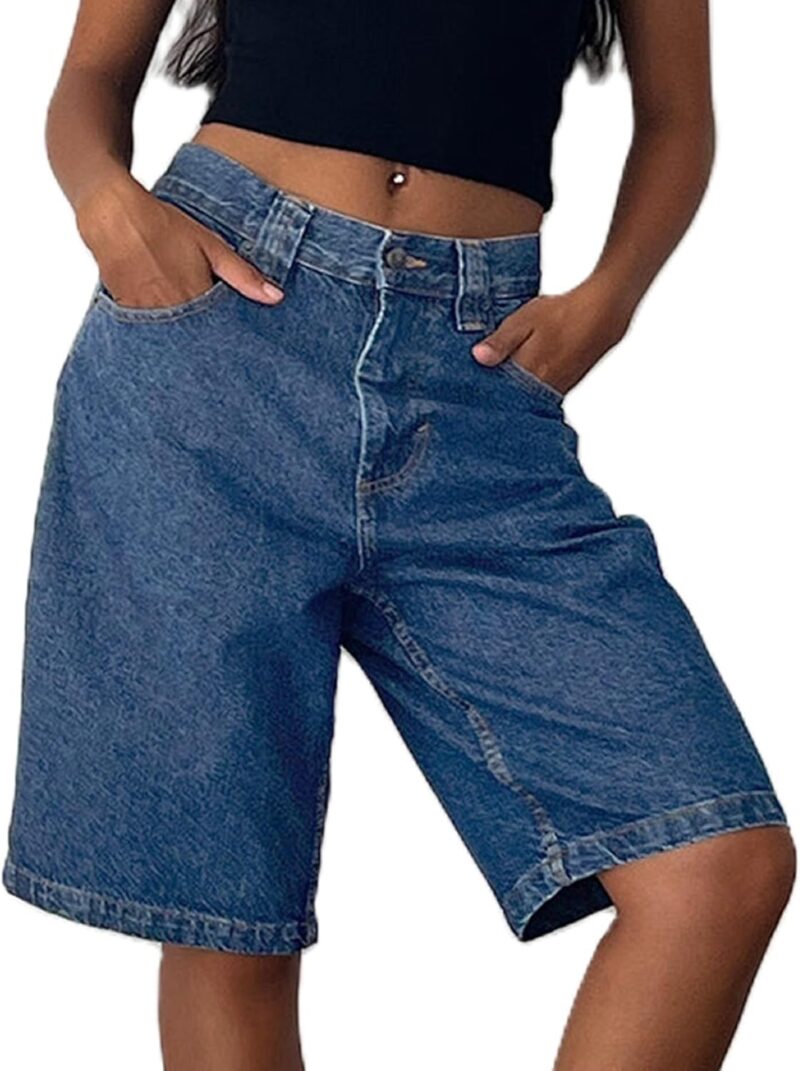 Women Baggy Denim Bermuda Shorts  Vintage Straight Leg Denim Shorts Casual Knee Length Jean Jorts with Pockets