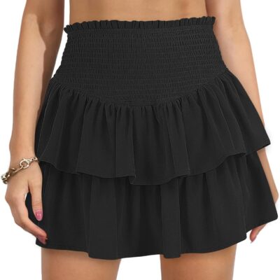 Women High Waist Ruffle Mini Skirt Cute Tiered Short Skirt with Shorts Underneath