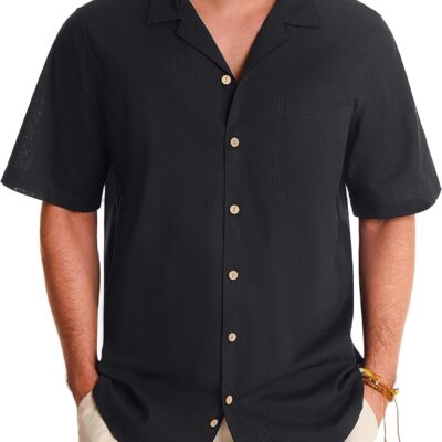 Mens Linen Shirts Short Sleeve Button Down Shirts Cotton Summer Beach Cuban Shirts Vacation Hawaiian Shirts