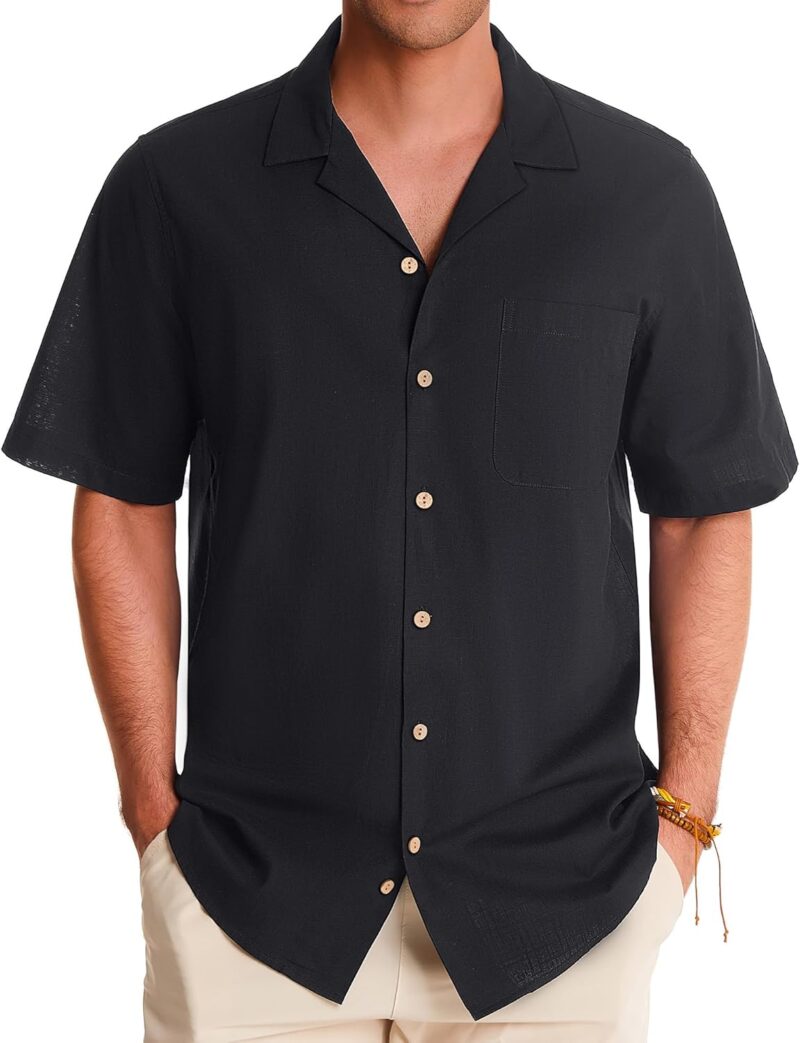 Mens Linen Shirts Short Sleeve Button Down Shirts Cotton Summer Beach Cuban Shirts Vacation Hawaiian Shirts
