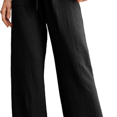 Women Wide Leg Pants with Pockets High Waist Adjustable Knot Loose Casual Trousers Business Work Casual Pants