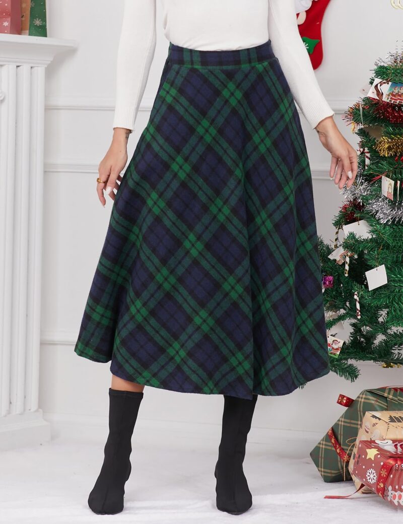 Women Plaid Wool Skirts Elastic Waist A-Line Pleated Tartan Long Skirts - Image 2