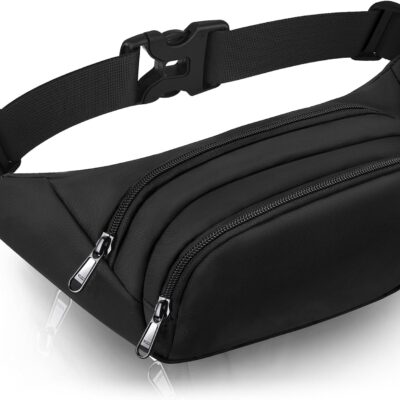 Large Fanny Pack for Women Men  Waist bag with 3-Zipper Pockets, Gifts for Enjoy Sports Traveling Workout Casual Hands-Free crossbody bags Fits MAX 7.9'' iPad & 6.6'' Phone Black